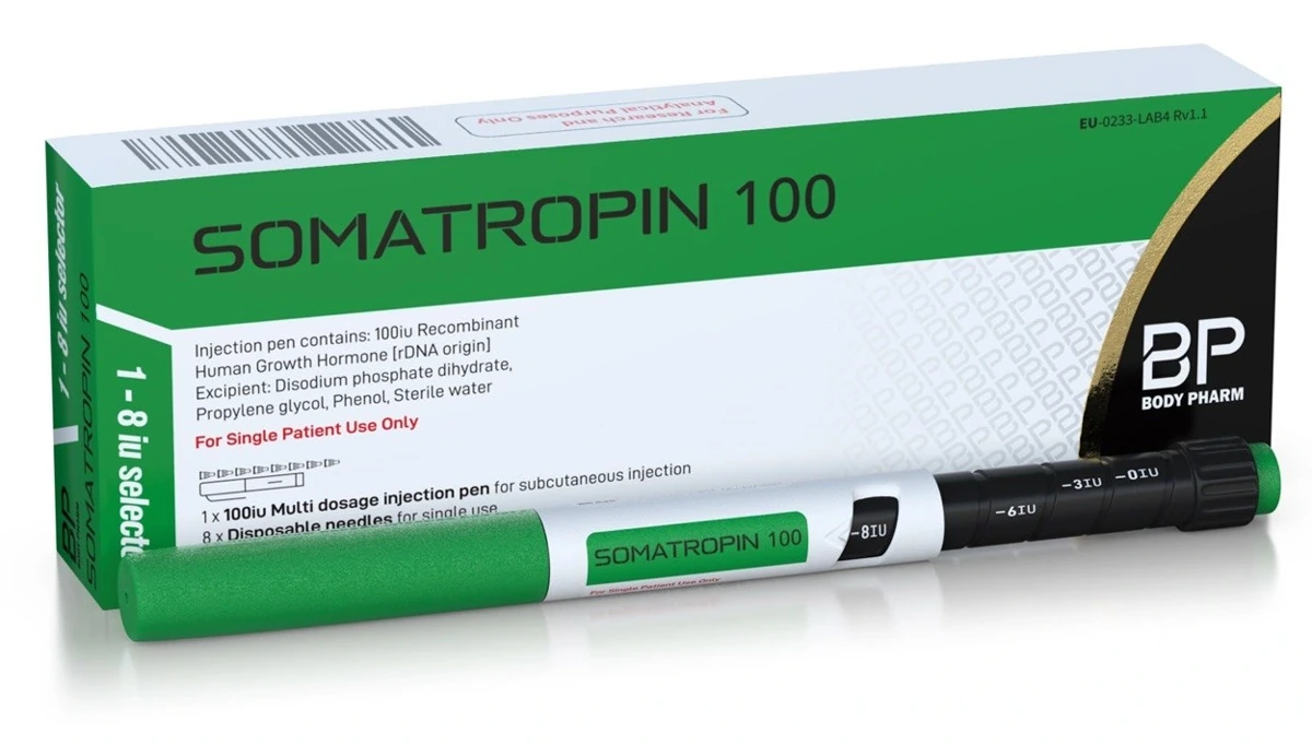 Body Pharm Somatropin 100 IU prefilled pen and labelled box